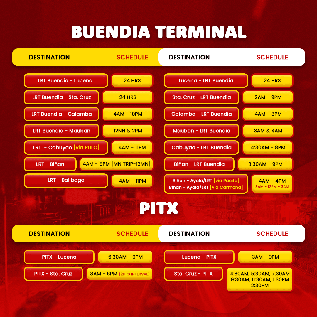 Daily Trip Schedules for Buendia and PITX Terminal