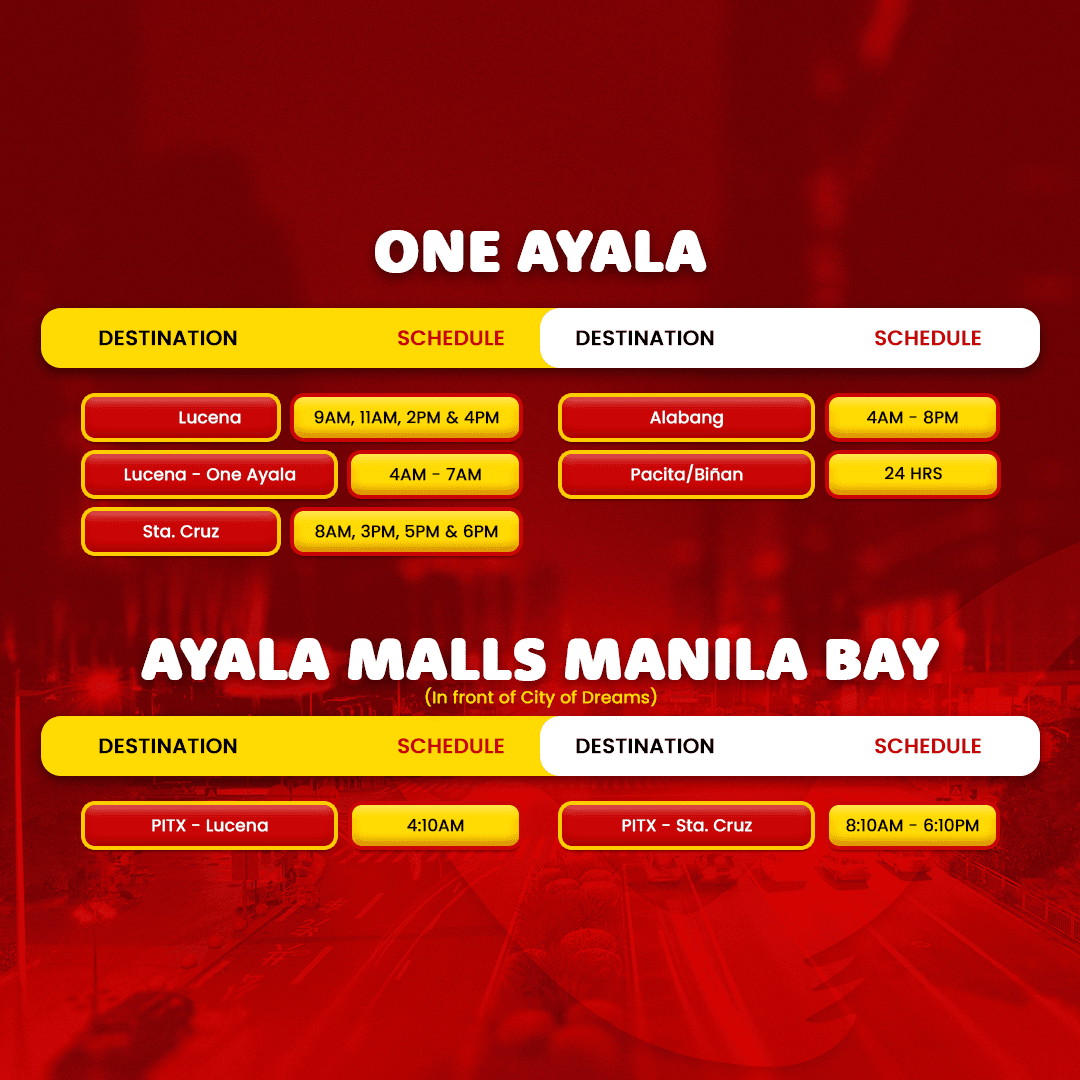 Daily Trip Schedules for One Ayala and Ayala Malls Manila Bay Terminal